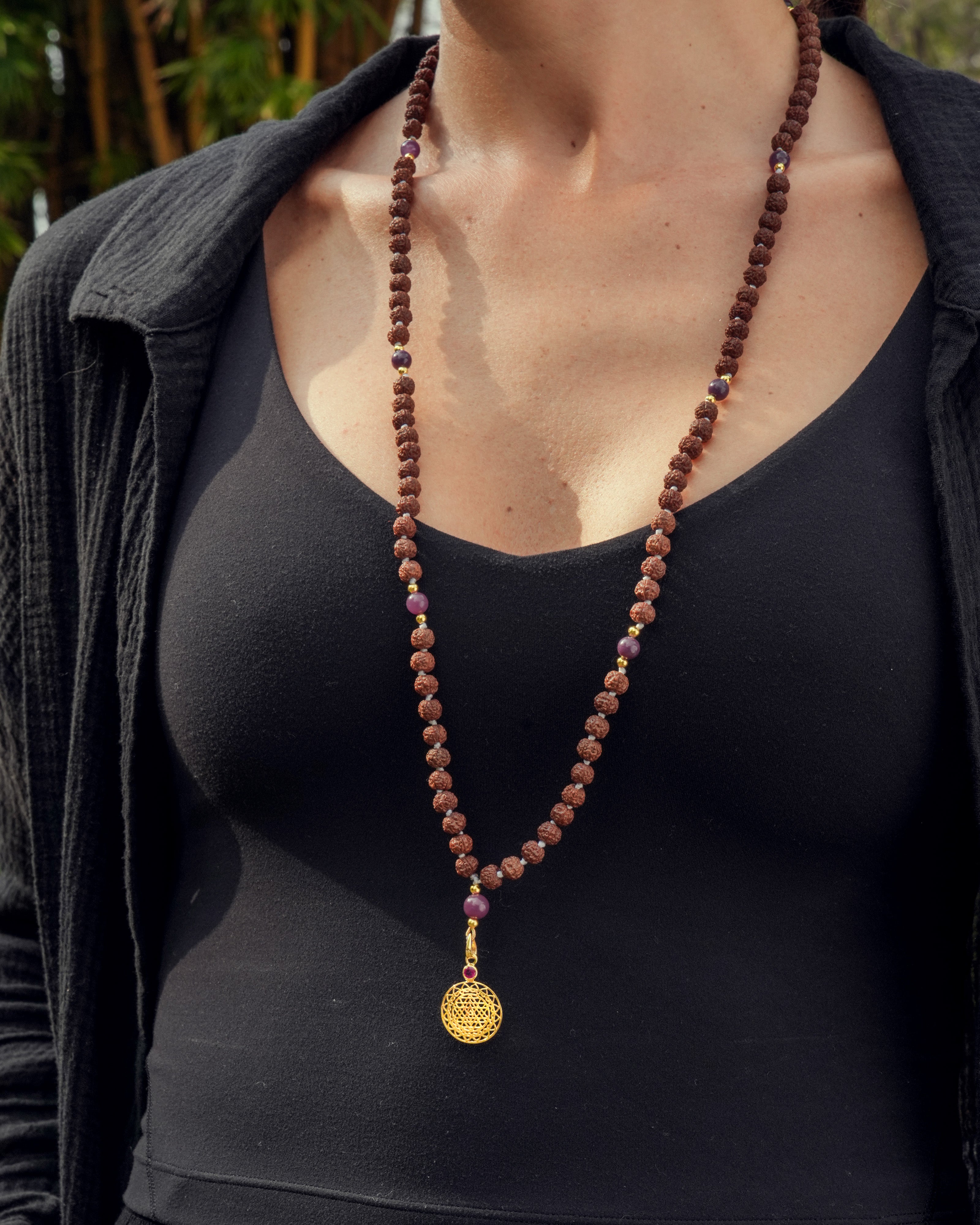 Indonesian Rudraksha Mala with 14kt Gold Sri Yantra Pendant and Ruby Counterbeads