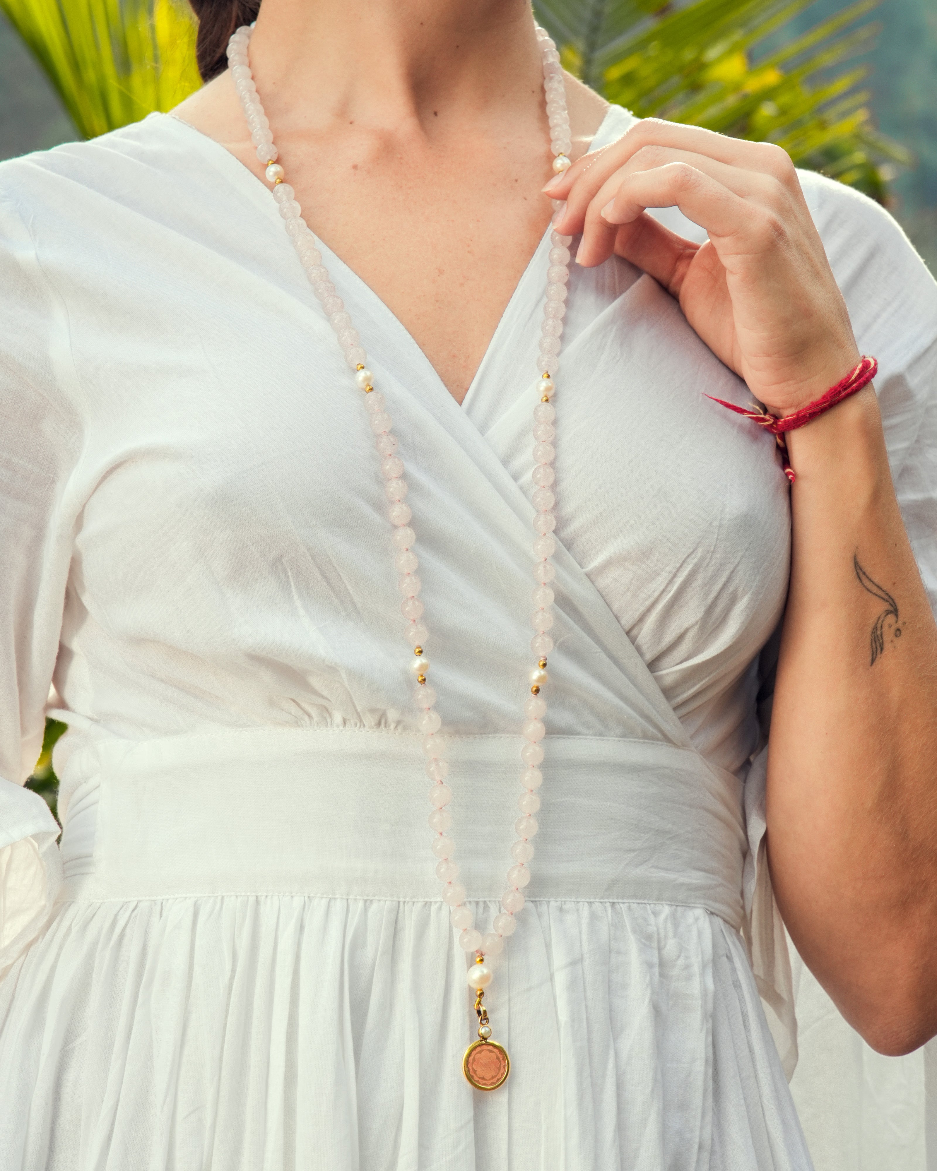 Rose Quartz with Pearl Counterbeads Sri Yantra Japa Mala