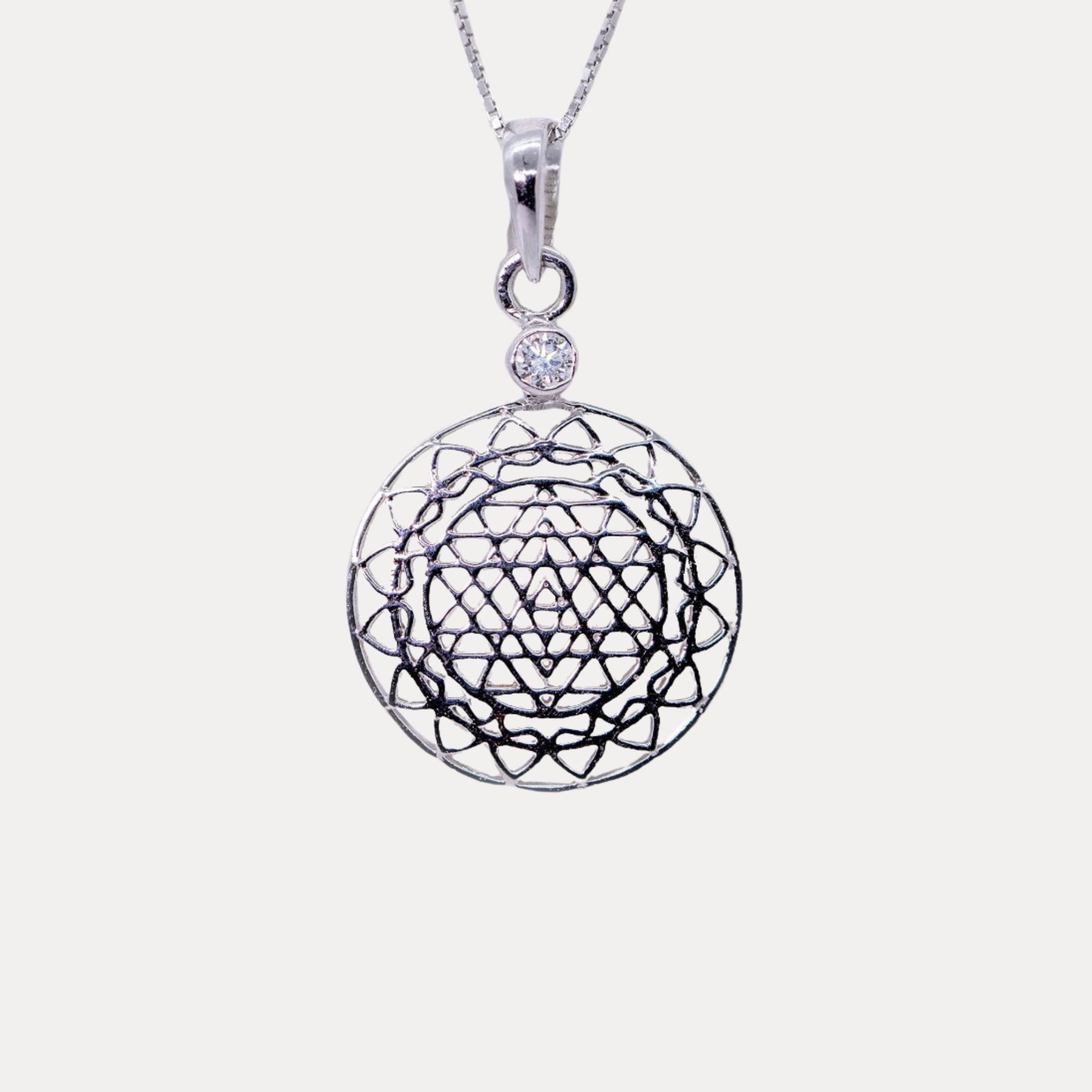 Diamond and 14kt White Gold Sri Yantra Pendant Necklace