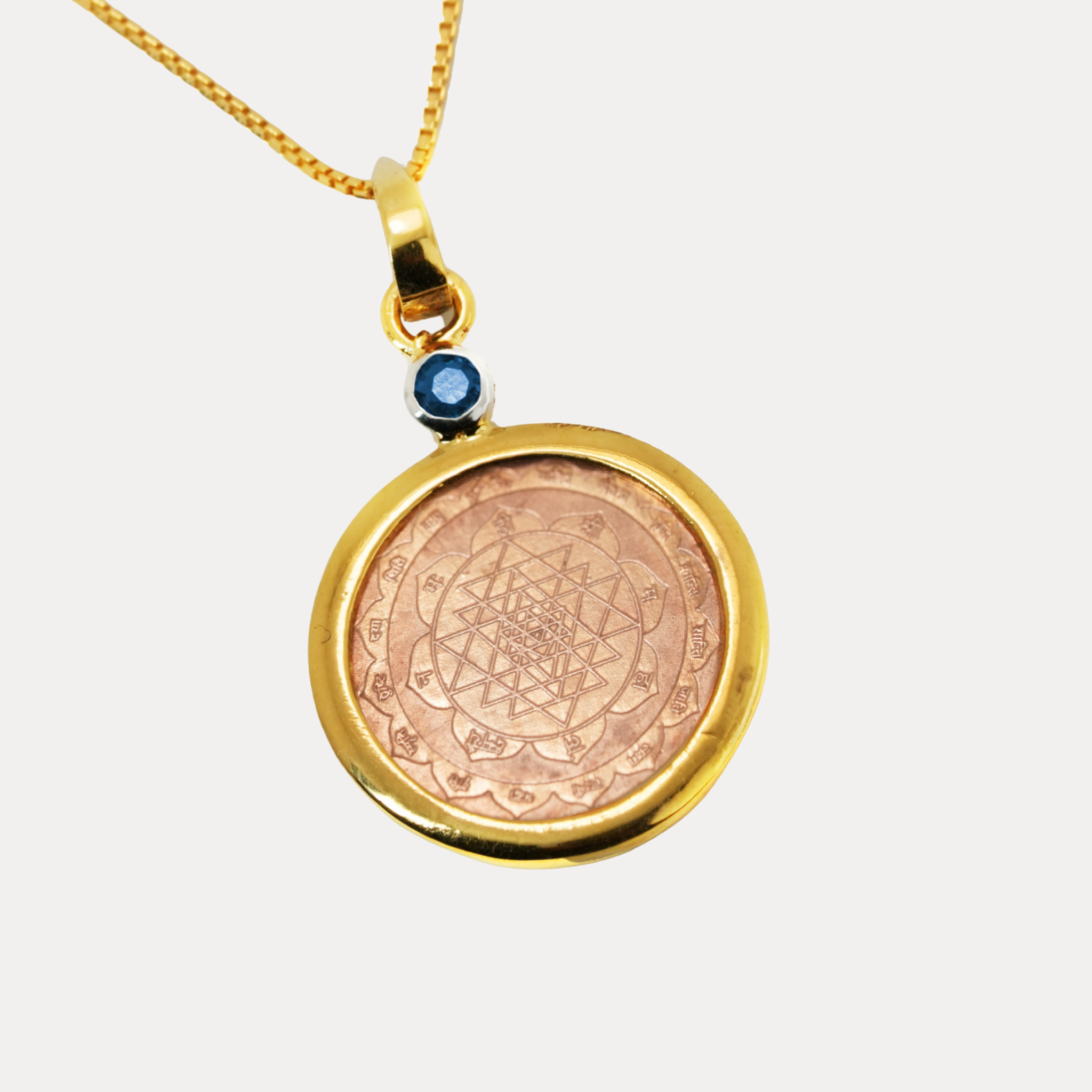 Copper and Blue Sapphire with 14kt Gold Sri Yantra Pendant Necklace