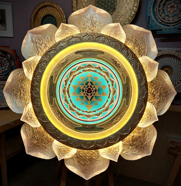 Meditation Art- Golden Lotus Sri Yantra Light Sculpture