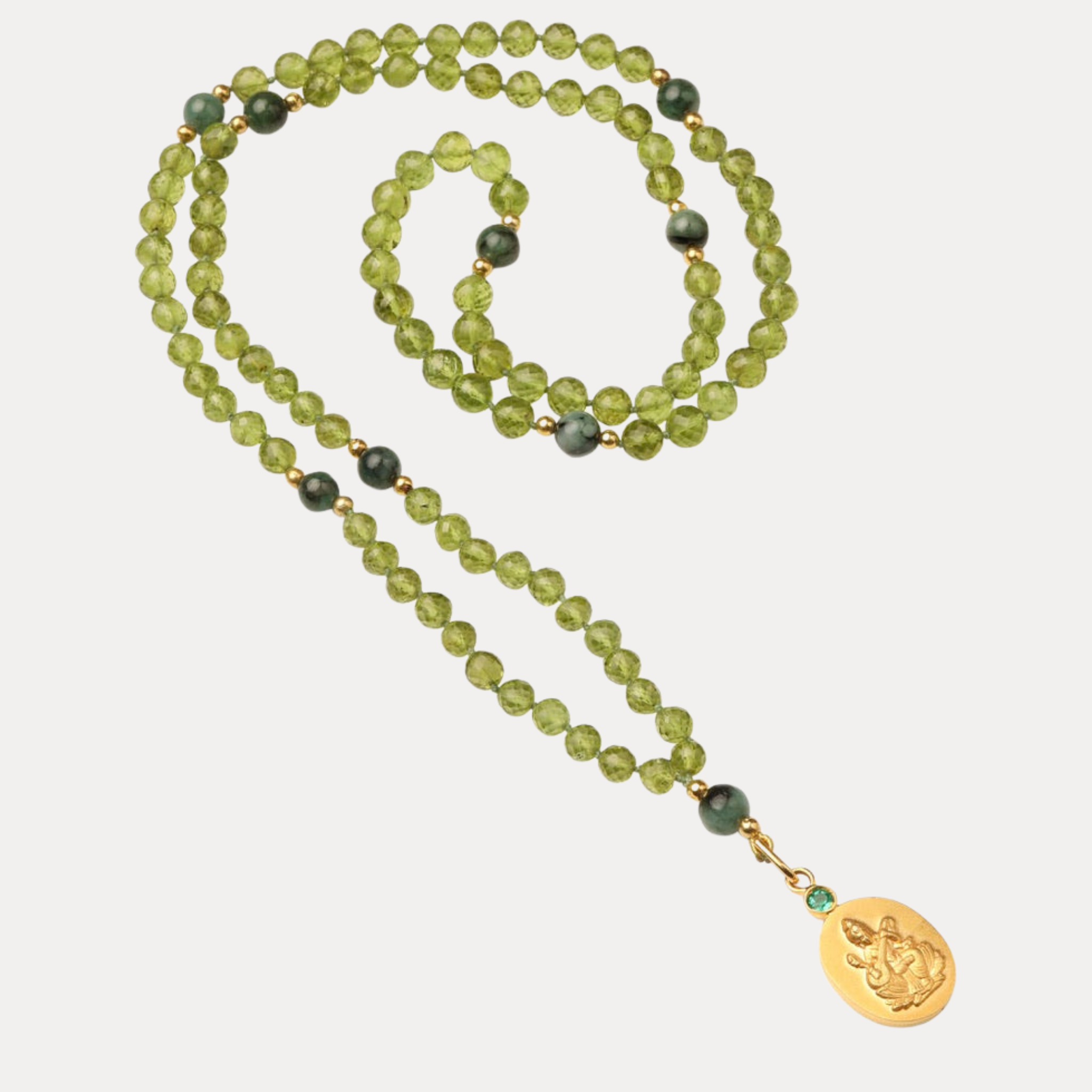 Saraswati Japa Mala 18kt Gold Pendant with Peridot