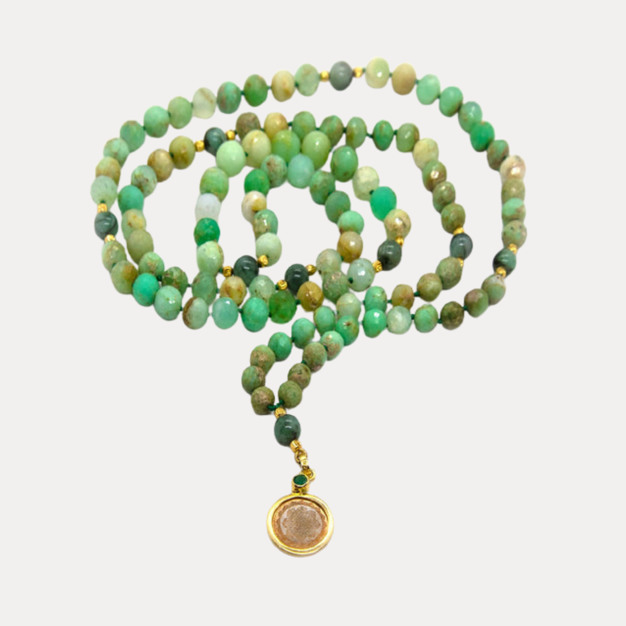 Amazonite with Emerald Counterbeads Sri Yantra Japa Mala