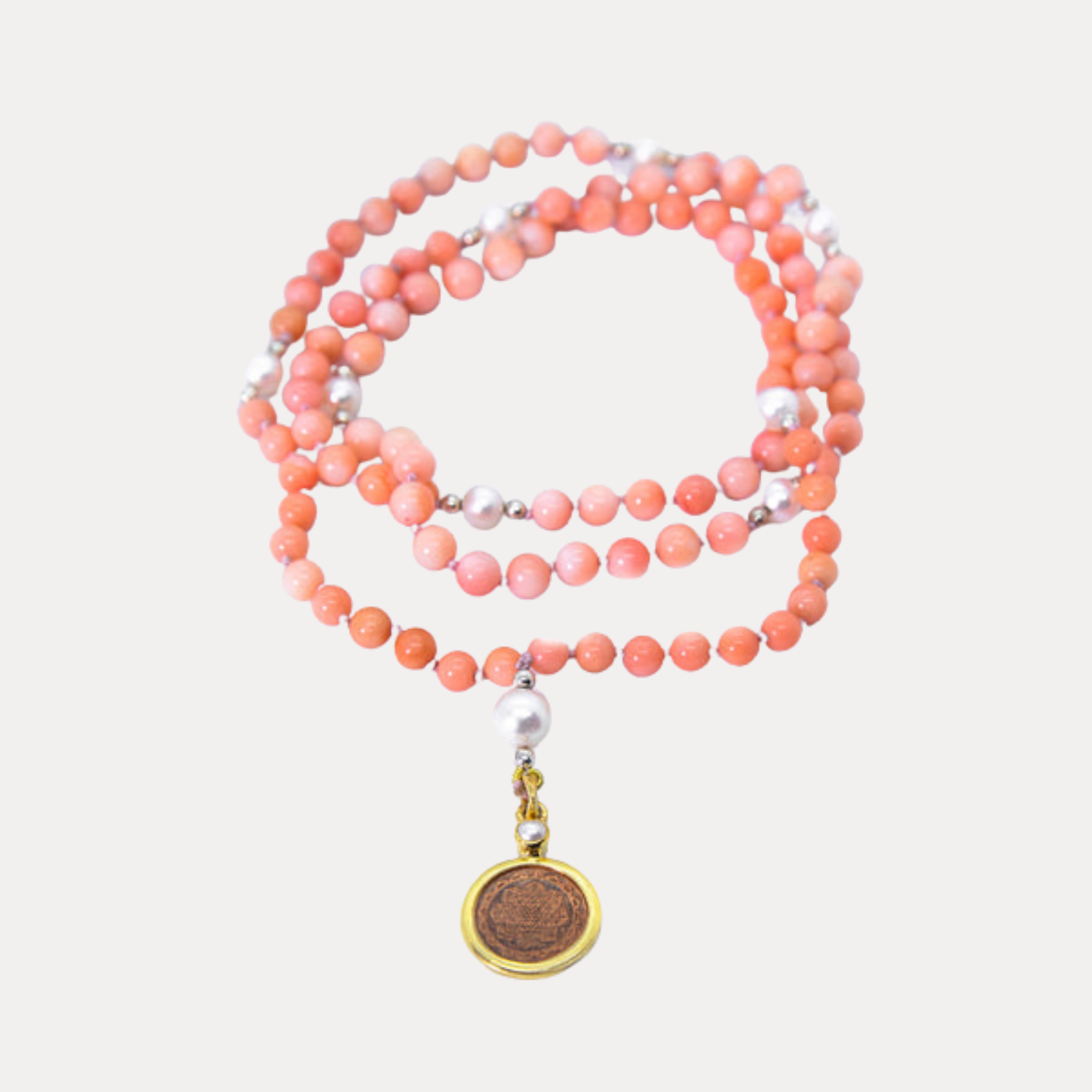Pink Coral & Pearl Sri Yantra Japa Mala