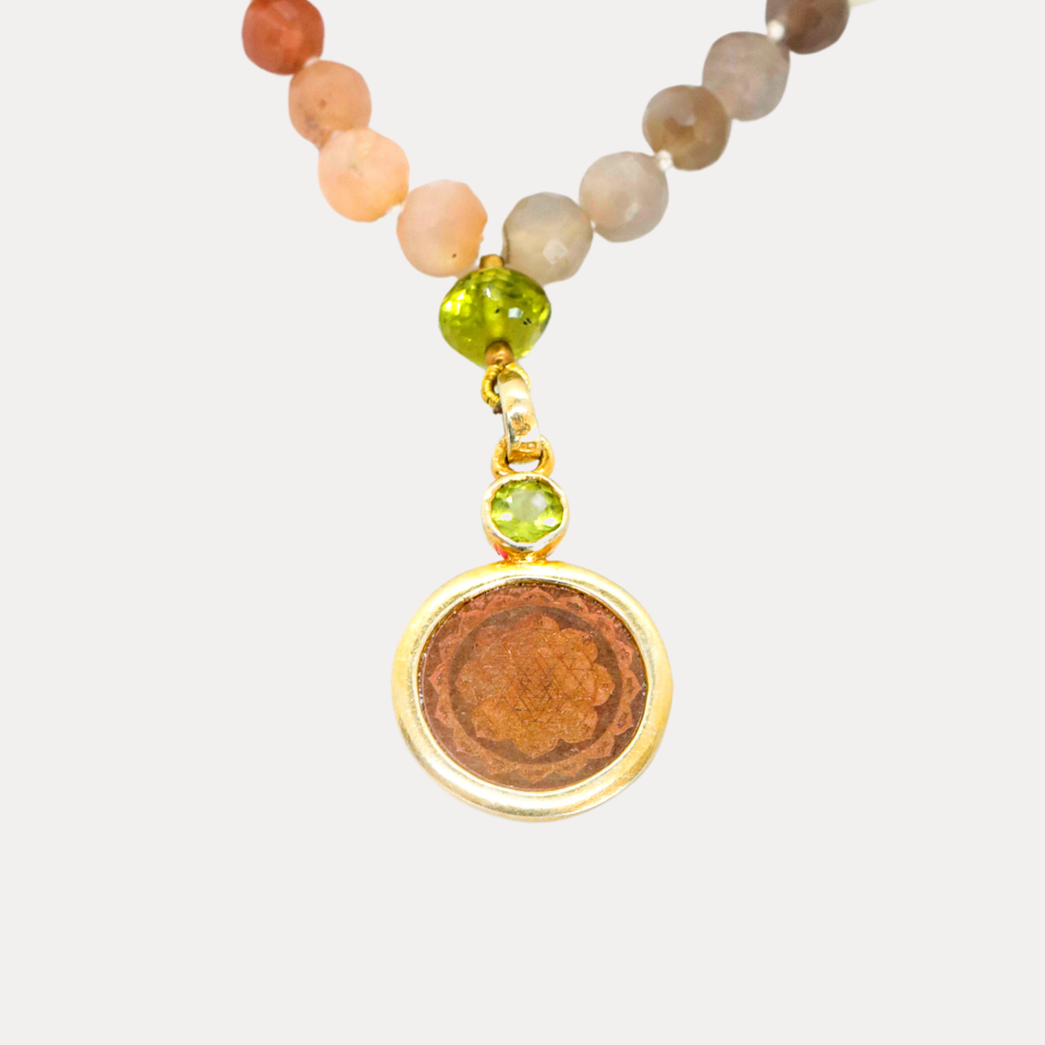 Moonstone & Peridot Counterbeads Sri Yantra Japa Mala
