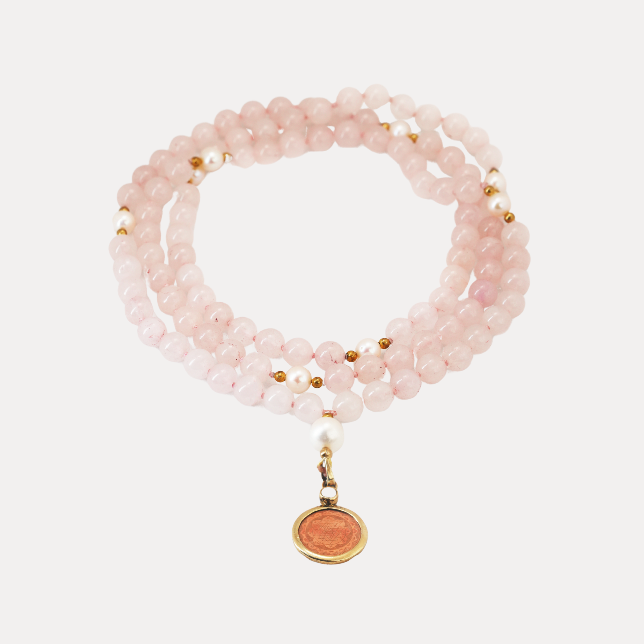 Rose Quartz with Pearl Counterbeads Sri Yantra Japa Mala