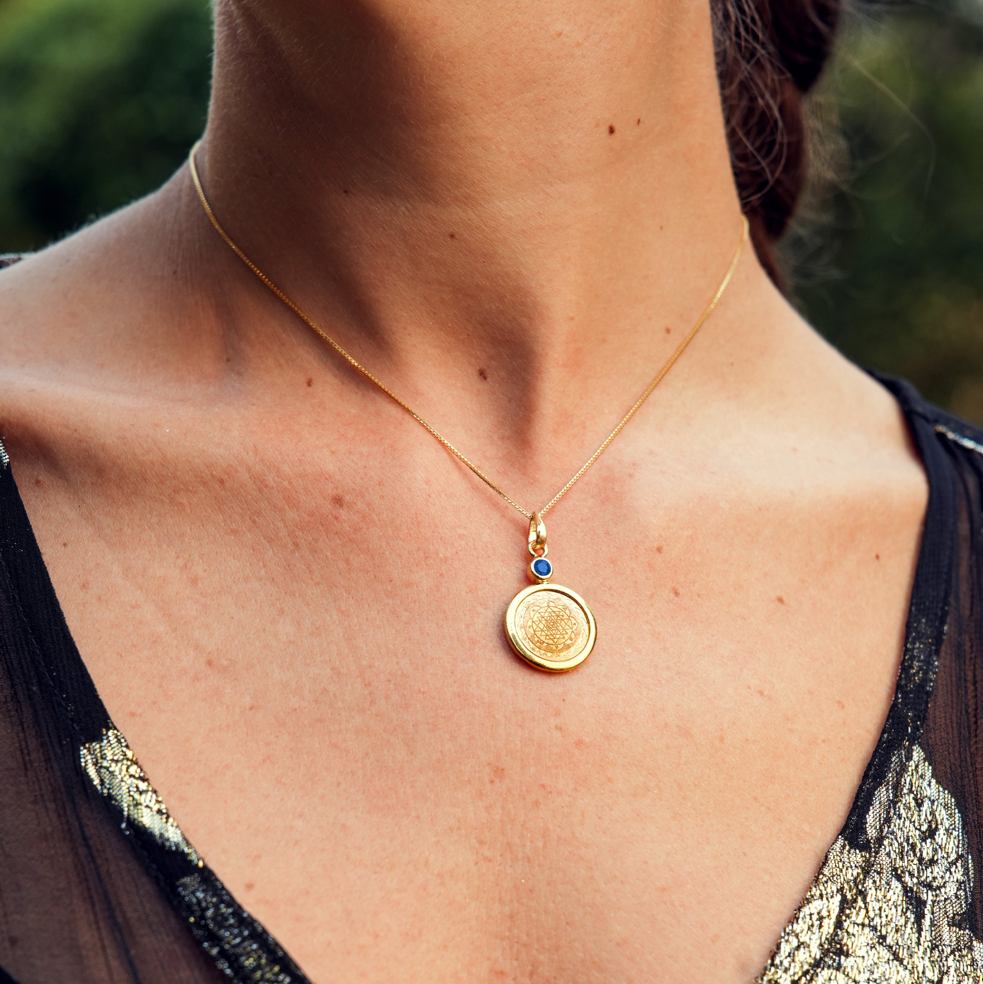 Copper and Blue Sapphire with 14kt Gold Sri Yantra Pendant Necklace