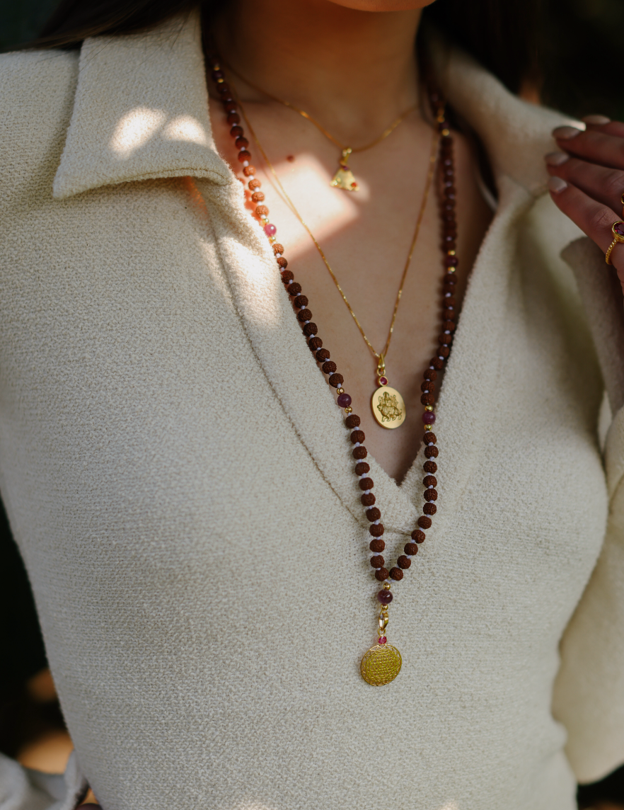 Indonesian Rudraksha Mala with 14kt Gold Sri Yantra Pendant and Ruby Counterbeads
