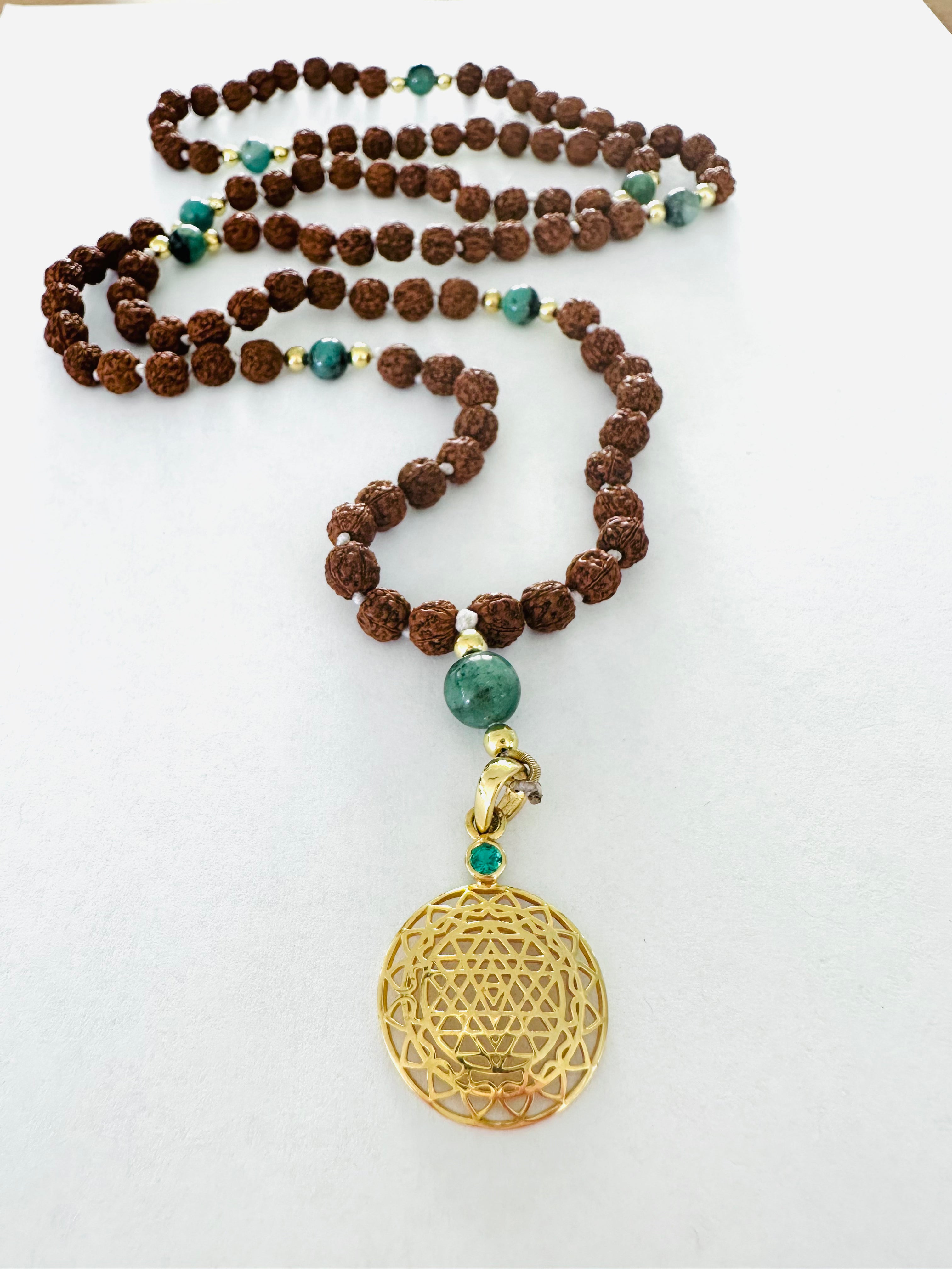 Indonesian Rudraksha Mala with 14kt Gold Sri Yantra Pendant and Emerald Counterbeads