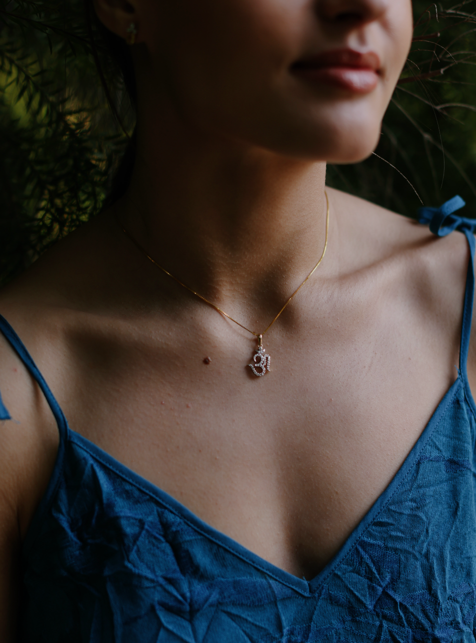 Diamond and 14Kt Gold OM Pendant Necklace -16in