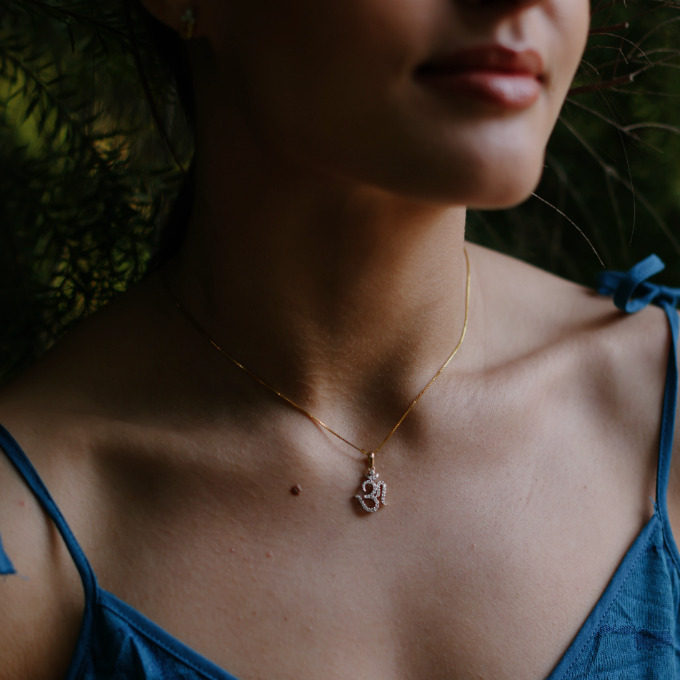 Diamond and 14Kt Gold OM Pendant Necklace -16in