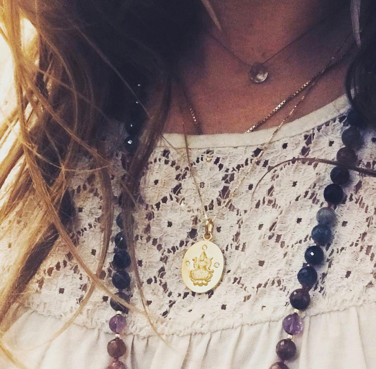 18kt Gold Lakshmi Pendant Necklace with 3 Diamond Mount - The Sattva Collection