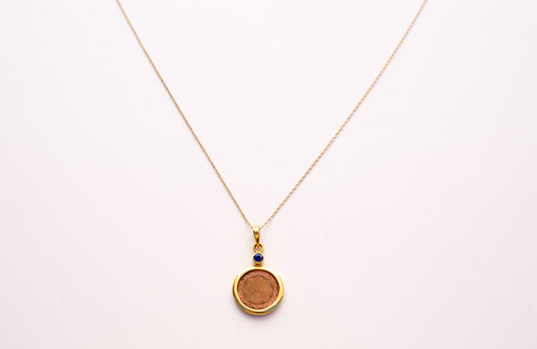 Copper with 14kt Gold Mounted with Blue Sapphire Sri Yantra 18" Pendant Necklace - The Sattva Collection