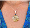 14kt Gold Sri Yantra Pendant Mounted with Blue Sapphire on 18kt Gold Chain - The Sattva Collection
