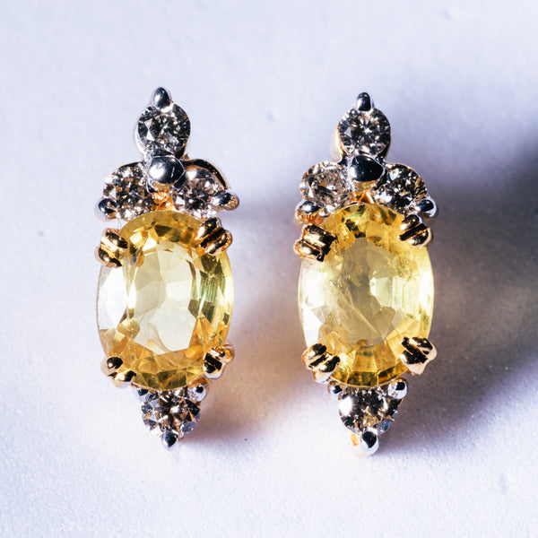 Yellow Sapphire & 4 Diamond Earrings set in 18kt Gold