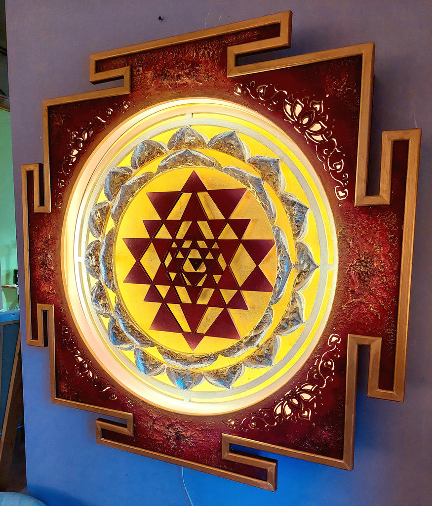 Meditation Art- Red Sri Yantra Light Scultpure