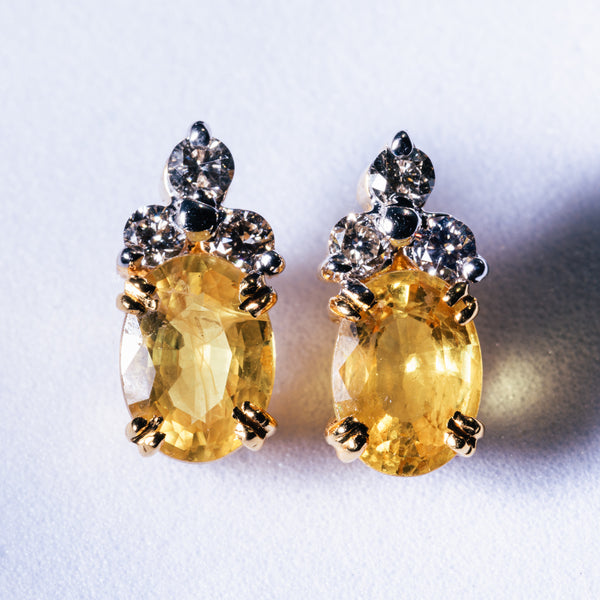 Yellow Sapphire & 3 Diamond Earrings set in 18kt Gold