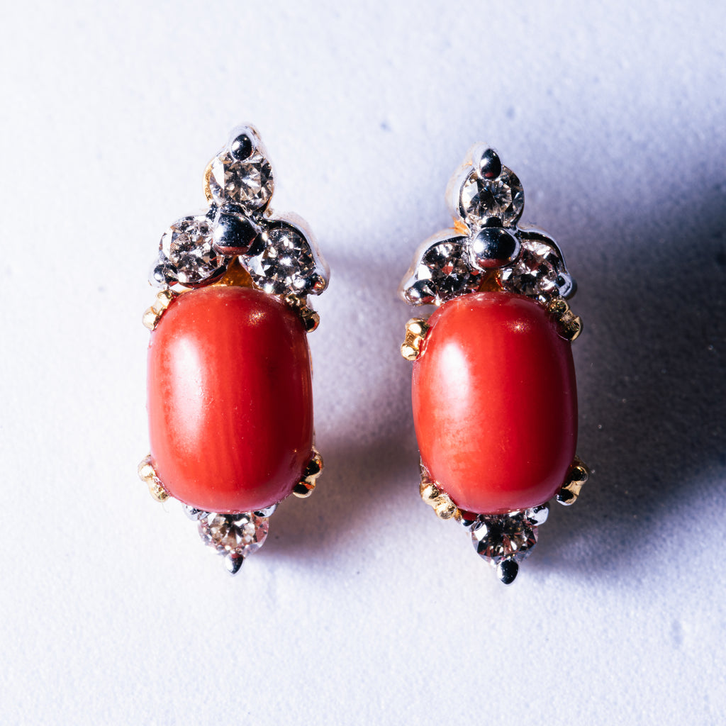 Coral & 4 Diamond Earrings set in 18kt Gold