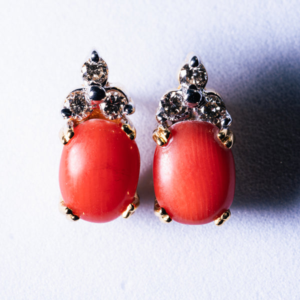 Coral & 3 Diamond Earrings set in 18kt Gold