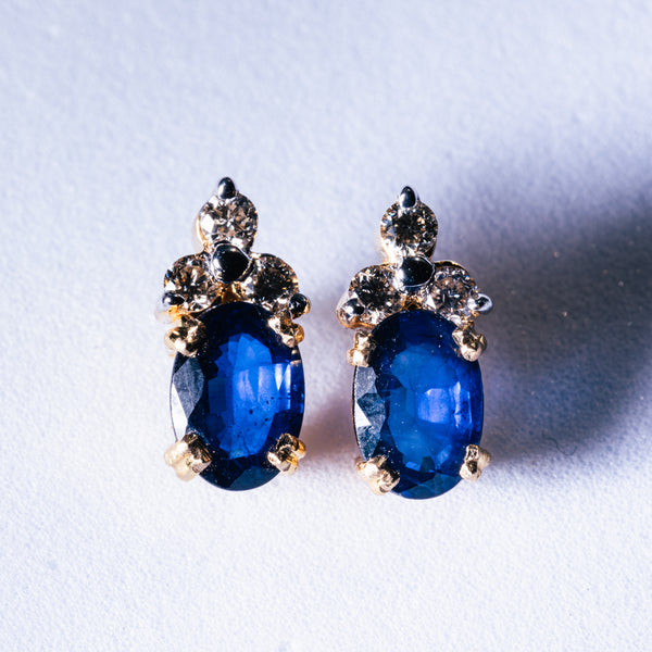 Blue Sapphire & 3 Diamond Earrings set in 18kt Gold