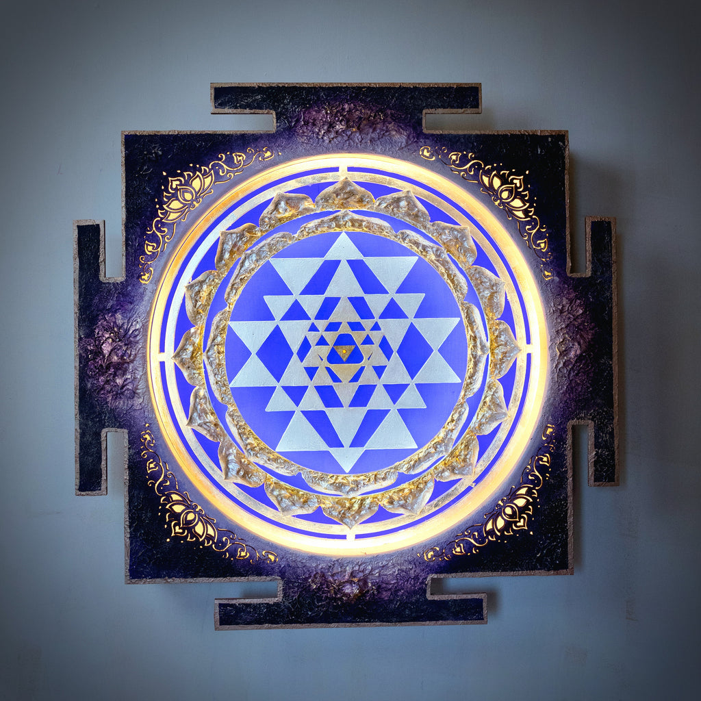 Meditation Art- Blue Sri Yantra Light Sculpture