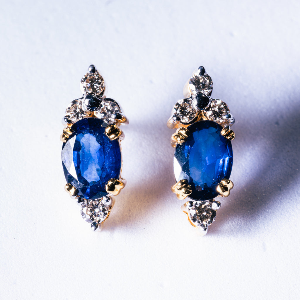 Blue Sapphire & 4 Diamond Earrings set in 18kt Gold