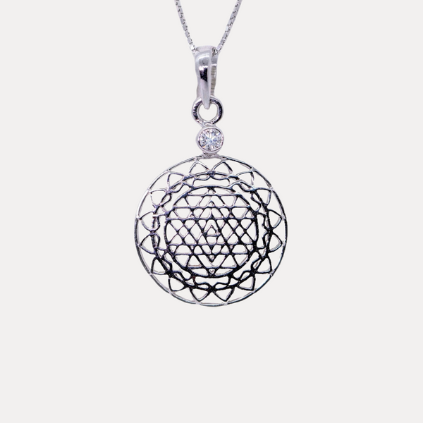 Diamond and 14kt White Gold Sri Yantra Pendant Necklace