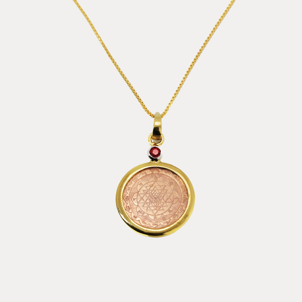 Copper and Ruby with 14Kt Gold Sri Yantra Pendant Necklace