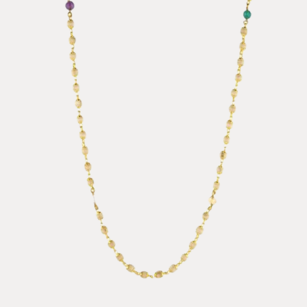 Tulsi with Gold Caps and Nine Planet Gemstones Necklace