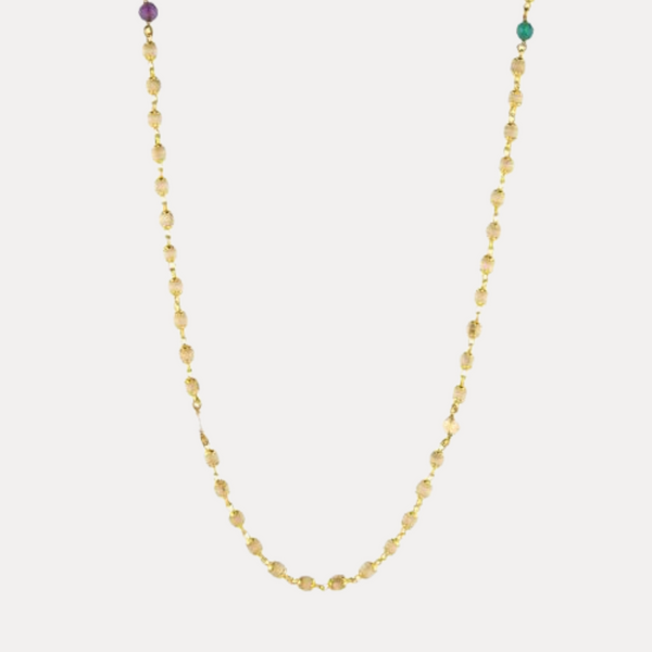 Tulsi with Gold Caps and Nine Planet Gemstones Necklace
