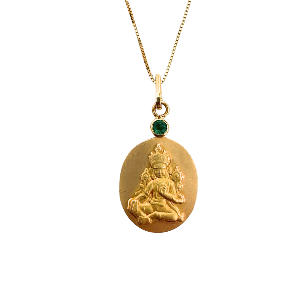 Green Tara Pendant Necklace 18kt Gold with Emerald