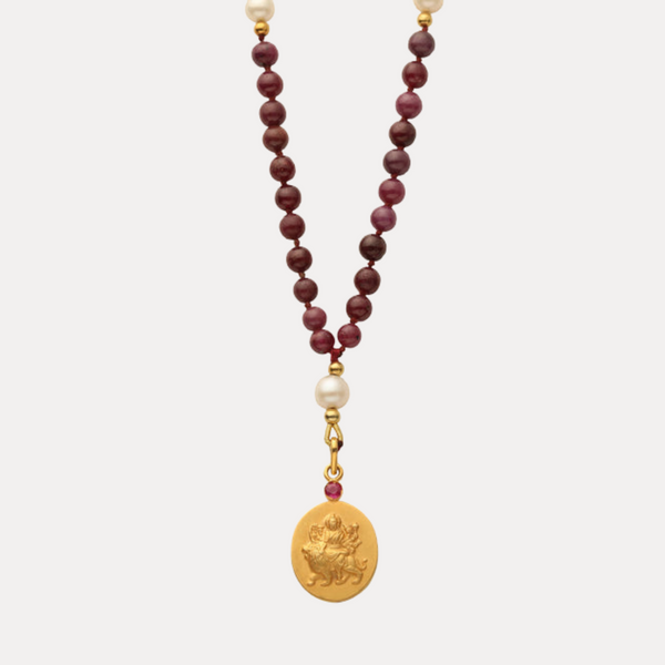 Durga Pendant 18kt Gold & Ruby Japa Mala