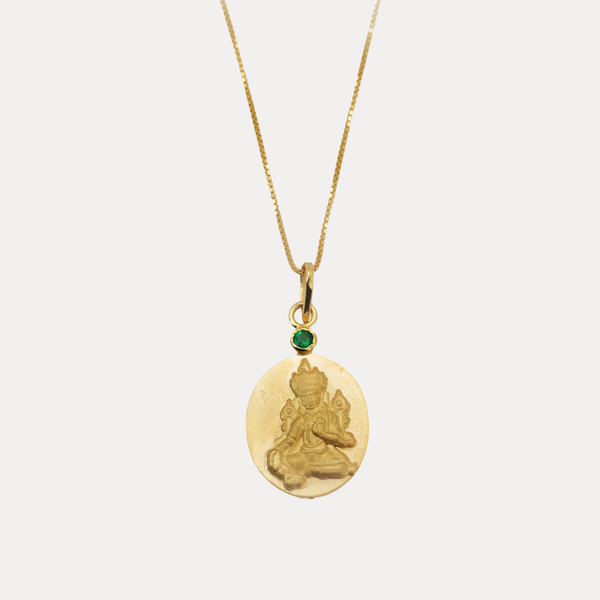 Green Tara Pendant Necklace 18kt Gold with Emerald