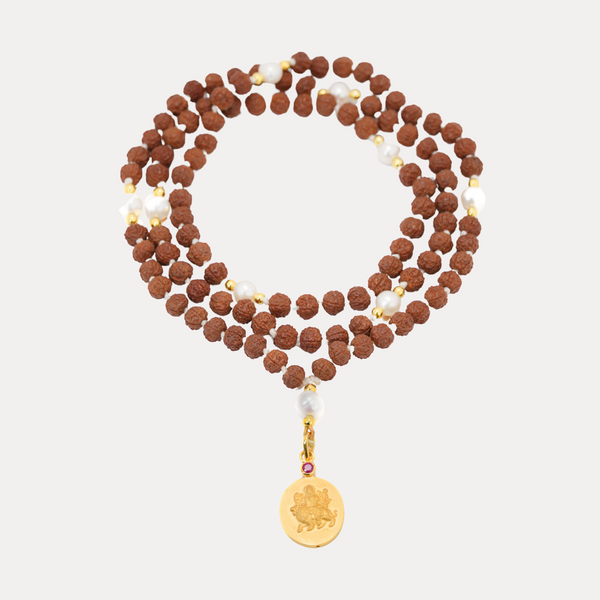 Durga Pendant Rudraksha Mala 18kt Gold with Pearl