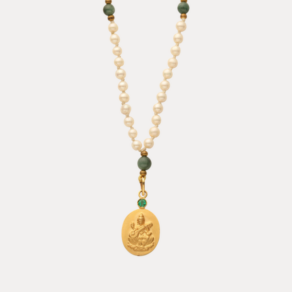 Saraswati Pendant Japa Mala18 kt Gold Pearl with Emerald Counterbead.