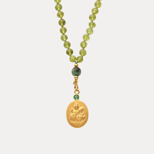 Saraswati Japa Mala 18kt Gold Pendant with Peridot