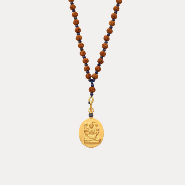 Shiva Rudraksha Pendant Mala  18kt Gold with Blue Sapphire