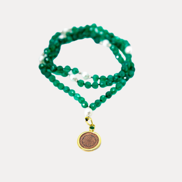 Green Onyx & Pearl Counterbead Sri Yantra Japa Mala