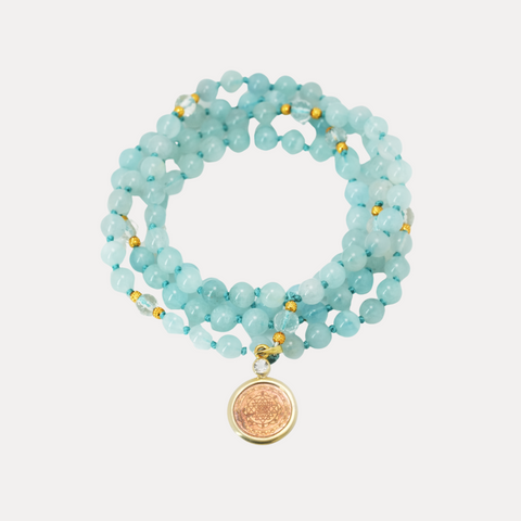 Aquamarine & Clear Crystal Sri Yantra Japa Mala