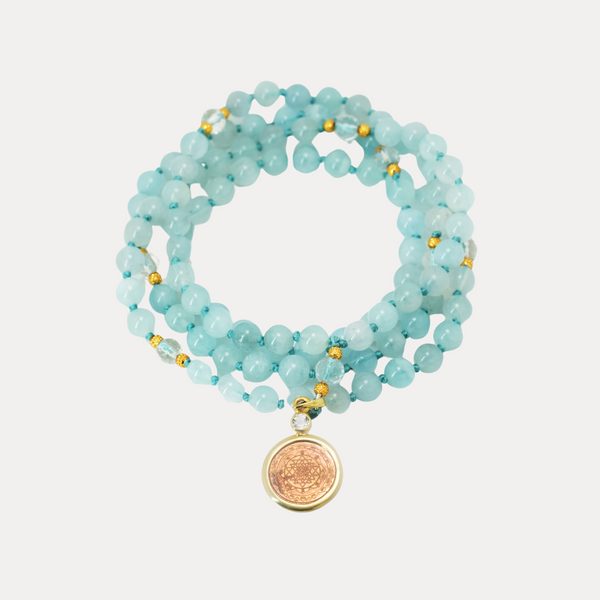 Aquamarine & Clear Crystal Sri Yantra Japa Mala