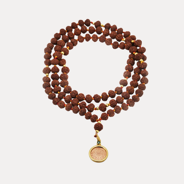 Indonesian Rudraksha Mala with 14kt Gold Sri Yantra Pendant and Ruby Counterbeads