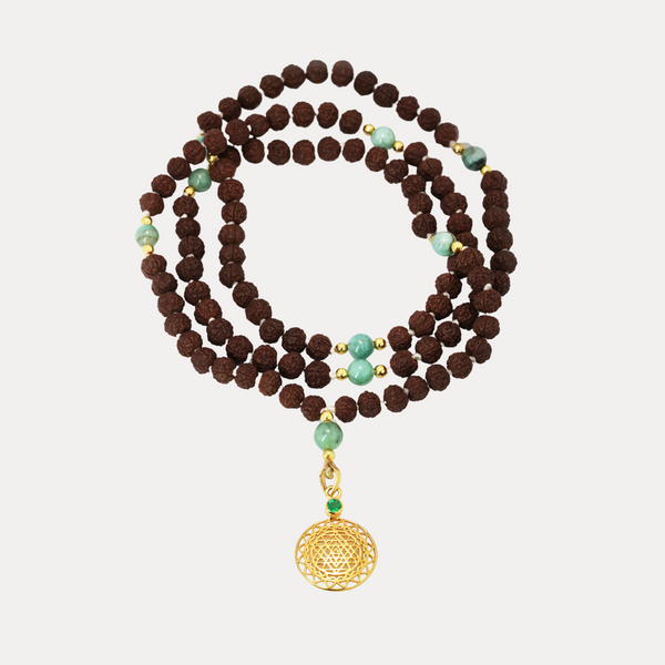 Indonesian Rudraksha Mala with 14kt Gold Sri Yantra Pendant and Emerald Counterbeads