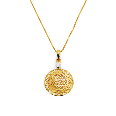 14kt Gold Sri Yantra Pendant Mounted with Diamond on 18kt Gold Chain
