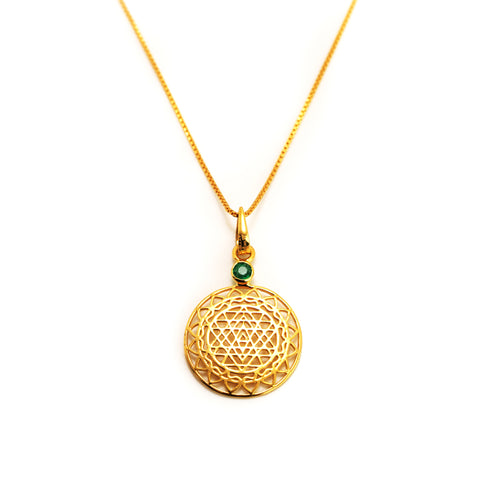 14kt Gold Sri Yantra Pendant Mounted with Emerald on 18kt Gold Chain