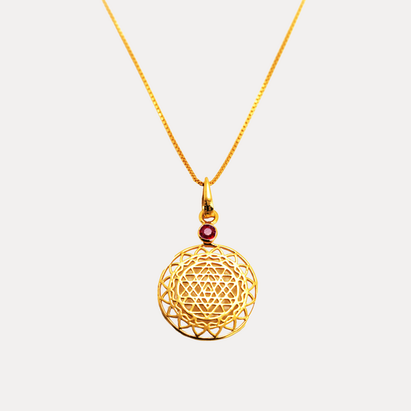 Ruby & 14kt Gold Sri Yantra Pendant Necklace