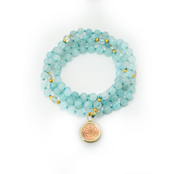 Sri Yantra Japa Mala- Aquamarine & Clear Crystal
