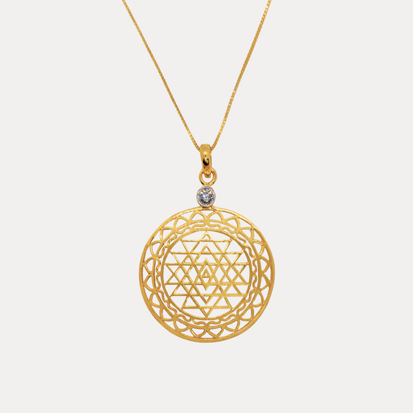 Diamond Tripura Large Size 14kt Gold Sri Yantra Necklace with on 24 inch chain