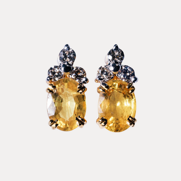 Yellow Sapphire & 3 Diamond Earrings set in 18kt Gold