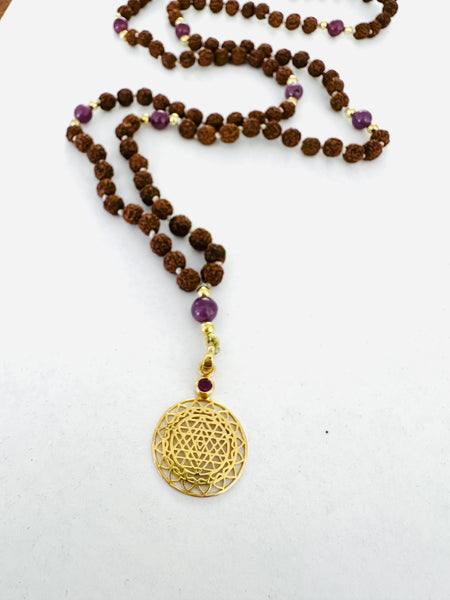 Indonesian Rudraksha with 14kt Gold Sri Yantra and Ruby Counterbeads