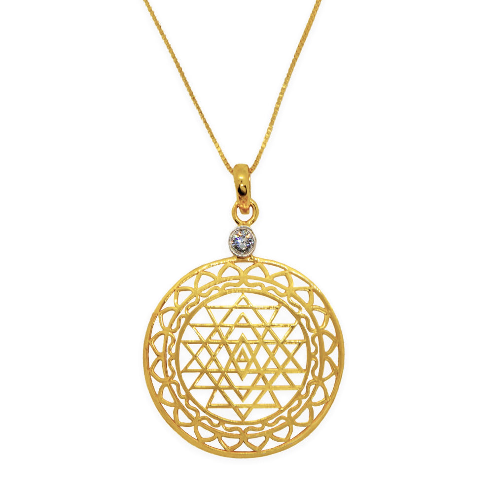 Large Size 14kt Gold Tripura Sri Yantra Necklace with Diamond Mount on 24  inch chain
